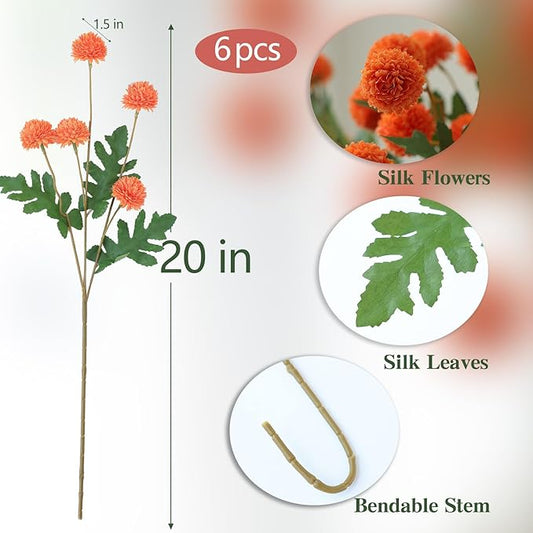 mizii 6Pcs Orange Fake Silk Pompon Mum Artificial Flowers Bulk Small Faux Chrysanthemums with Stems Realistic Floral Decorations for Wedding DIY Bouquet Centerpieces Shower Vase Home Decor (Orange)