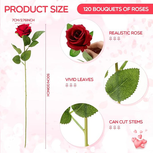 Hotop 120 Pcs Roses Artificial Flowers in Bulk,Long Stem Artificial Flower Bouquet,Silk Real Touch Fake Rose for Wedding Party Table Centerpieces Decor Valentines Gifts(Wine Red)