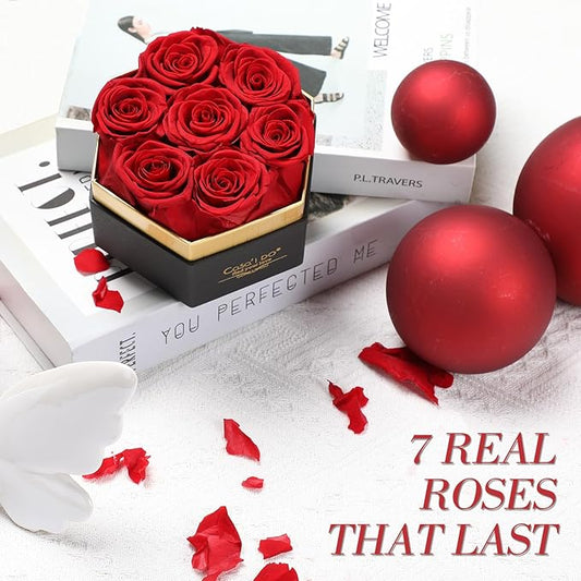 Preserved Roses Flowers for Delivery 7 Pcs, Forever Flores in a Box with Necklace, Eternal Rose Anniversary Birthday Gifts for Women Mom Wife Girlfriend, Rosas for Valentines Christmas, Red