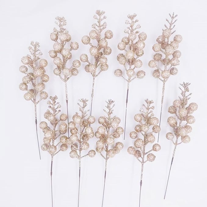 24 Pack Artificial Christmas Glitter Berries Stems Branches,Christmas Faux Holly Berries Branches Ornaments for Christmas Tree Wreath DIY Craft Decorations Holiday Home Decor(Champagne)