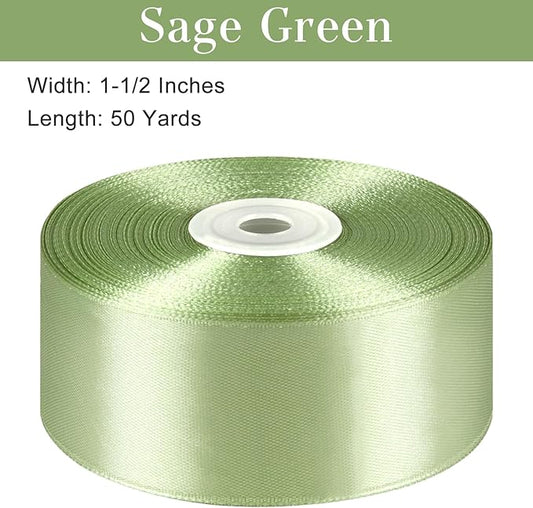 1-1/2 Inches 50 Yards Sage Green Satin Ribbon, Solid Fabric Ribbon Roll for Flower Bouquets, Gift Wrapping, Wedding, Handmade Crafts