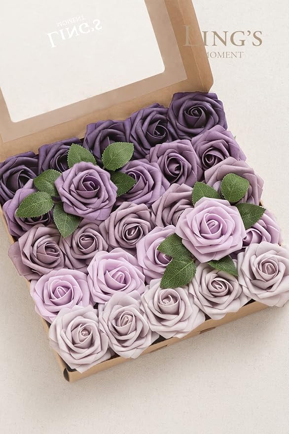 Ling's moment Artificial Flowers, 50Pcs 3" Roses in Purple Shades, Realistic DIY Foam Floral Decor for Wedding Bouquets/Centerpieces, Outdoor Party Backdrops, Room/Table, and Garden/Pot Decorations