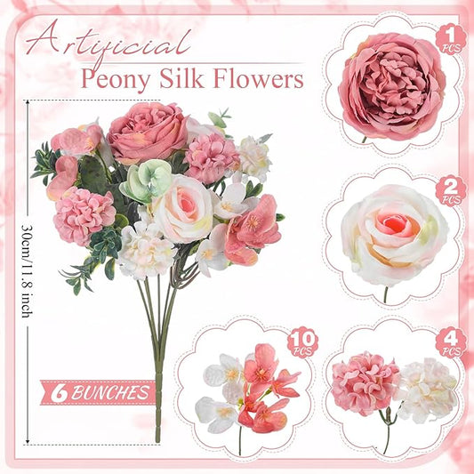 6 Pcs Artificial Peony Silk Florals Fake Mix Silk Peony Rose Faux Flower Hydrangea Bouquet Elegant Realistic Wedding Floral Centerpiece for Home Party Table Arrangement (Light Pink)