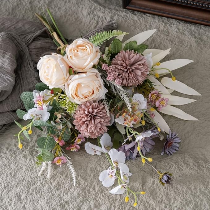 16-inch Artificial Fake Flowers Silk Table Arrangements Faux Plastic Floral Centerpieces for Home Kitchen with Roses, Dandelions, Chrysanthemum, Phalaenopsis, Eucalyptus, Sages, Orchids