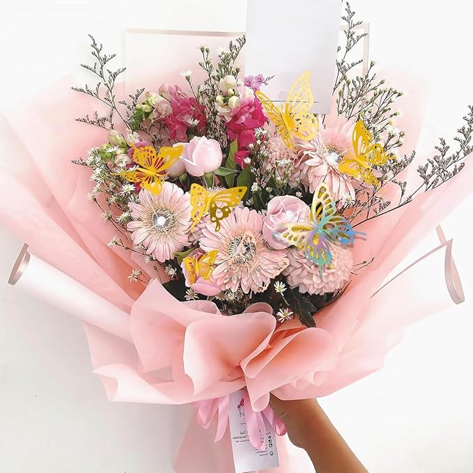 Bouquet Wrapping Paper Kits, 60Sheets Waterproof Flower Wrapping Paper, Floral Wrapping Paper Bouquet in Black Pink Beige With Ribbons, Flower Pins, 3D Butterflies & Crowns for Florist Wrap (HUA-H1)