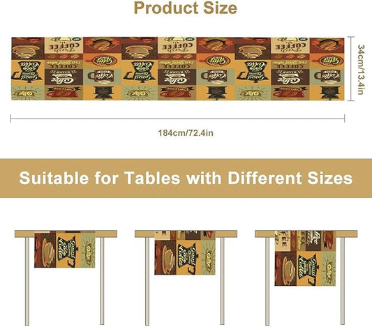 Coffee Table Runner,Vintage Style Coffee Beans Cups Theme Design Pattern Print Tablecloth Burlap for Hotel Indoors Outdoor Dining Room Kitchen Holiday Party, 13x90in