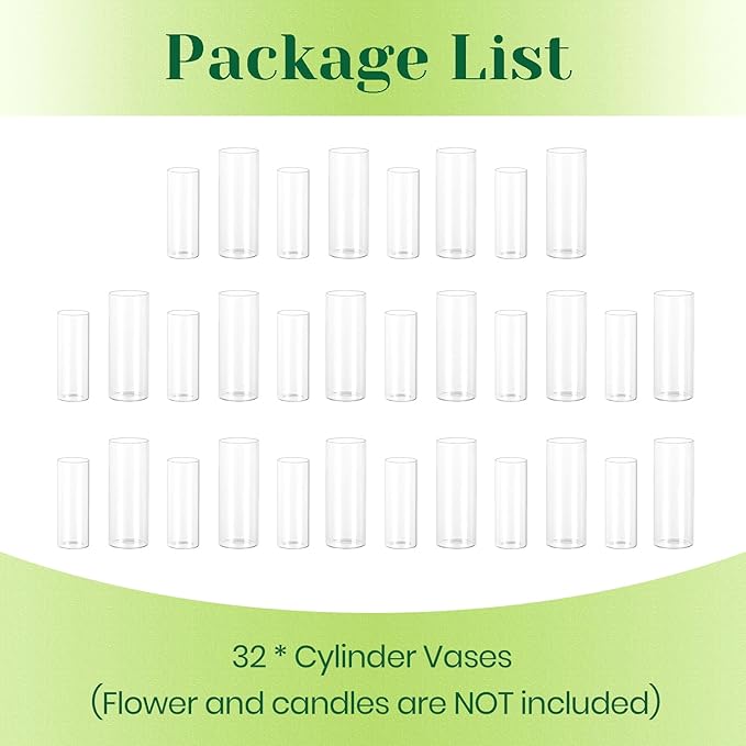 Hewory Glass Cylinder Vases for Centerpieces: 32PCS Clear Flowers Vases Bulk for Floating Candle Bouquet - Hurricane Candle Holders for Wedding Table Birthday Party Decorations