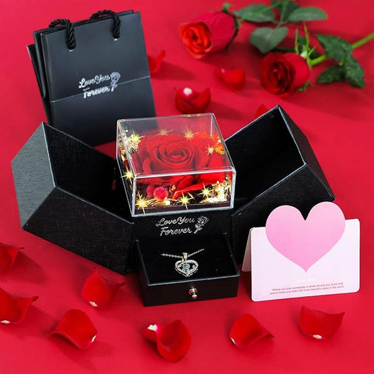 Preserved Real Red Rose with I Love You Necklace for Women, Wife, Girlfriend, Mom, Grandma Romantic Gift for Anniversary, Birthday, Valentine's Day, Mother's Day