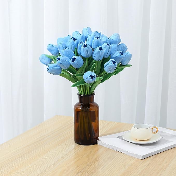 SITUMEIZI 15pcs Blue Tulips Fake Artificial Flowers Real Touch 14" Silk Flower for Home Decor Spring Easter Wedding Bouquet Decorations Floral Arrangements