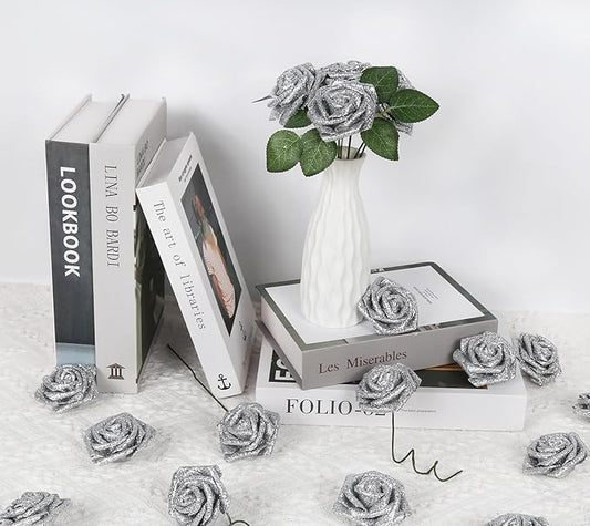 Fake Roses,50PCS Silver Roses Artificial Flowers 2.76" Foam Roses with Stems for Wedding Christmas DIY Wreath Home Table Floral Arrangement(Silver)