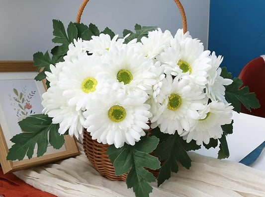IPOPU 2 Bundles Artificial Gerbera Daisy Flower 14 Heads White Fake Chrysanthemums with Stems Faux Silk Daisy Flower for Wedding Bridal Bouquet Floral Arrangements Home Table Centerpiece Decor (White)