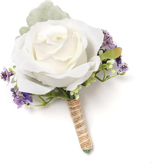 White Rose Boutonnieres for Men Wedding Baby's Breath Boutonniere for Best Men Groom Groomsmen Wedding Prom Set of 6 (6pcs White+Purple Boutonnieres)