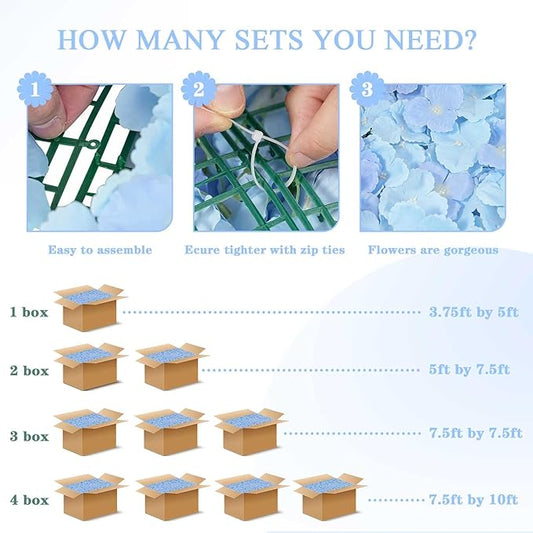 Blue Flower Wall Panels Backdrop: Wedding Artificial Flower Wall Backdrop 3.75ft by 5ft Hydrangea Floral Wall for Anniversary Graduation Party Decoration (12 Pcs 15 x 15 Inch)