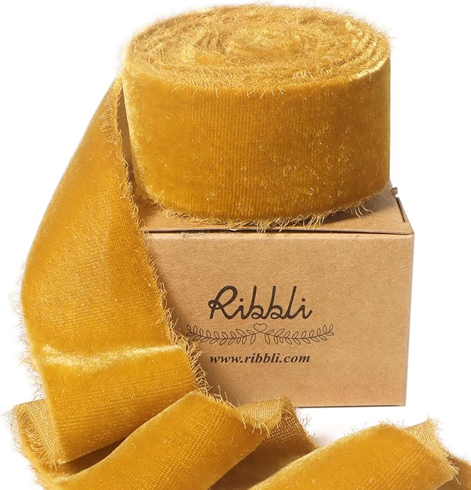 Ribbli Gold Velvet Ribbon 1.5 Inch Handmade Frayed Vintage Christmas Ribbon for Gift Wrapping Christmas Tree Ornament Wreath Craft Home Decor -3 Yards