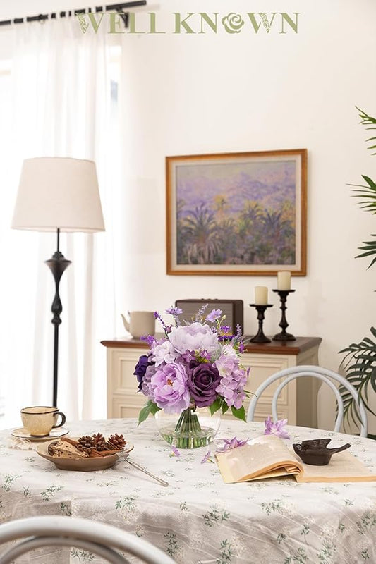 Artificial Flowers in Vase for Home Decor, Fake Lavender & Silk Peony Rose Bouquet Centerpieces in Glass Vase with Fake Water for Party Wedding Dinning Table Office Hotel Decor (Lavender Purple Mixed)