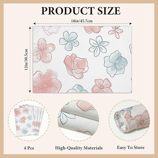 Cotton Linen Waterproof Placemats Set of 4, Watercolor Floral Dining Mat Table Mats Decor Fabric for Kitchen Dinner Coffee Shop Table, Indoor/Outdoor Washable Wipeable Placemat -N025