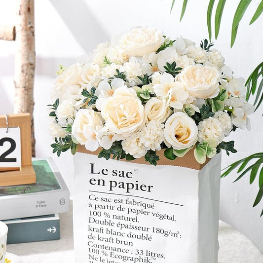 4 Bundles White Peonies Artificial Flowers Silk Flower Centerpieces for Tables Fake Flower Arrangements Bouquets Mixed Roses Hydrangea with Stems for Wedding Bridal Bouquets Home Table Decor