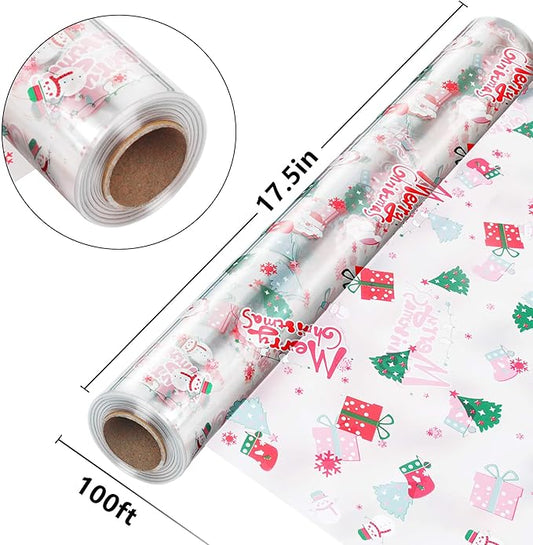 JOYIT 100' Long X 17.5” Wide Christmas Cellophane Wrap Roll - 3 Mil Thicker Cellophane Roll, Crystal Clear Merry Christmas Cellophane for Gift Baskets, Flower Arts Crafts Food Treats Wrapping