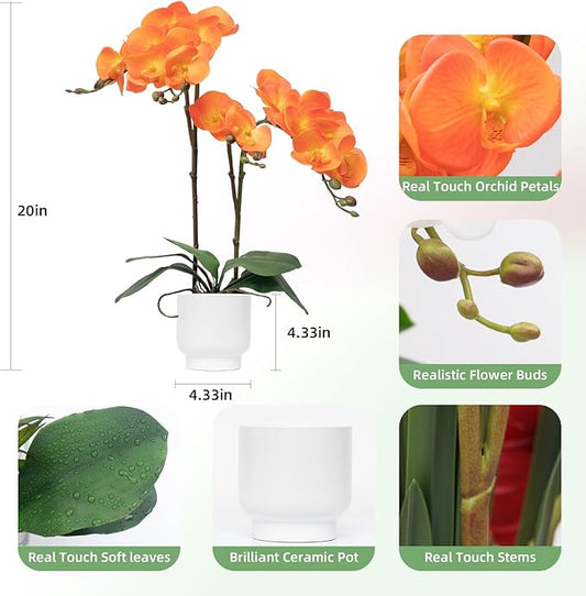 CXGS Orchids Artificial Flowers Real Touch Fake Flowers in Ceramic Pot 20" Orange Faux Orchid Plant Lifelike Silk Phalaenopsis for Centerpiece Hotel Home Indoor Decor