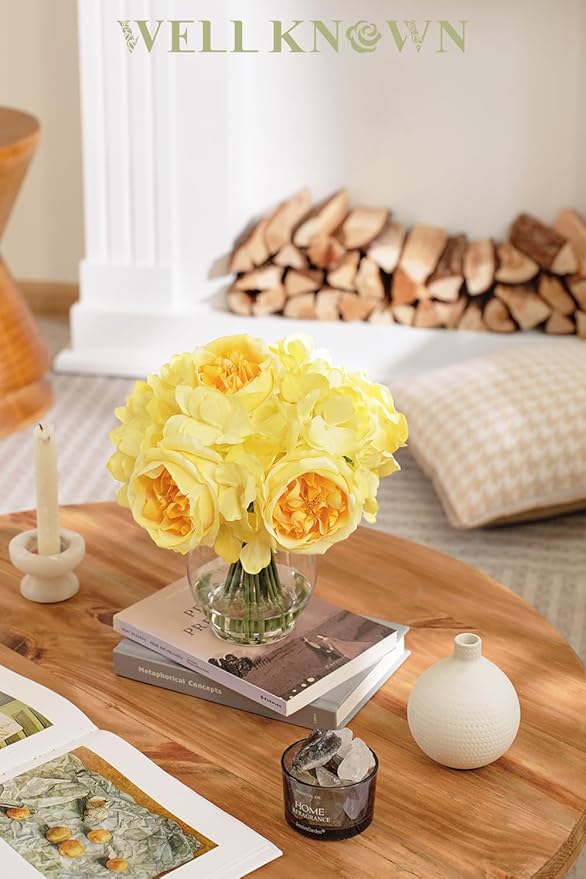 Artificial Flowers in Vase, Silk Austin Rose & Hydrangea Yellow Flowers with Fake Water, Real Touch Fake Flower Arrangements for Home Hotel Office Wedding Dinning Table Centerpiece Decor & Gift