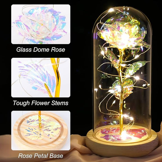 Mothers Day Flowers Gifts for Mom, Birthday Gifts for Women, Galaxy Glass Rose Gifts for Grandma Wife Daughter Artificial Forever Preserved Flowers for Delivery Prime Rose in Glass Dome, Rainbow
