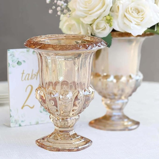 Efavormart 2 Pack Amber Gold Glass Flower Vases in Classic Roman Urn Style, Mini Pedestal Vase Table Centerpieces - 8"