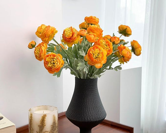 7 pcs Orange Peonies Artificial Flowers, Fake Ranunculus for for vase, Fake Silk Flowers for Home Table Centerpiece Office Desk Farmhouse Kitchen Dining Coffee Table Decoration (Light Orange)