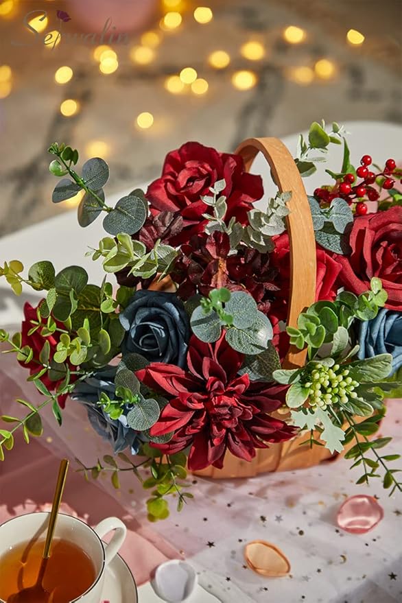 Serwalin Artificial Flowers Fake Cake Flowers Burgundy Navy Dahlia Flowers Box Set for DIY Wedding Bouquets Centerpieces Arrangements Party Baby Shower Home Decor