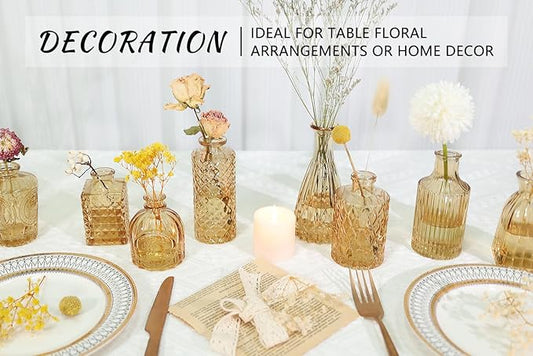 12pcs Glass Bud Vase Set, Small Gold Amber Flower Vases for Centerpieces in Bulk, Mini Vintage Vase for Wedding, Home,Table Decoration