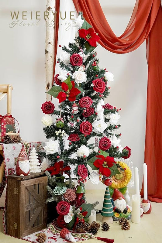 Artificial Flower Box Set Christmas red Themed Floral Decorations,Silk Fake Flowers for DIY Centerpieces Cake Decorations, Xmas Wreath Floral Arrangements Party (Merry Christmas Red)