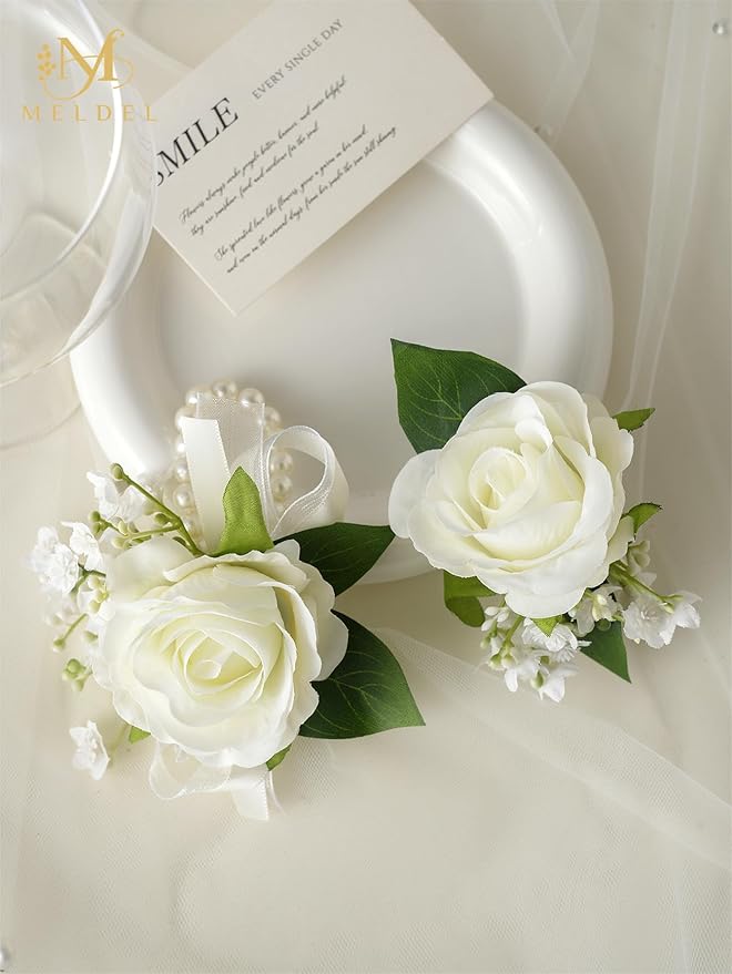 Meldel Wrist Corsage and Boutonniere Set(2pcs), Ivory White Artificial Silk Rose Pearls Bracelets Corsage for Bride, Groom Best Man Boutonniere Wedding Flower Accessories Prom Ceremony Party Decor