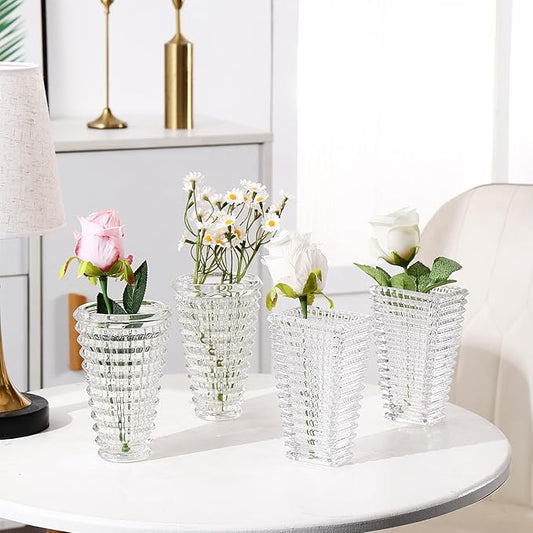MCMCNCUIU Crystal Flower Vase Set of 4, Glass Vases for Centerpieces, Clear Vases for Flowers, Small Vase for Living Room, Bedroom, Kitchen, Office, Wedding