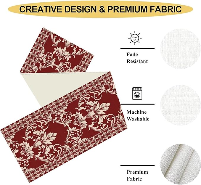 Damask Table Runner, Red Rustic Damask Antique Floral Retro Boho Art Pattern Linen Coffee Table Center Decor for Home Kitchen Dining Decorations Indoor Outdoor 13x36 inch