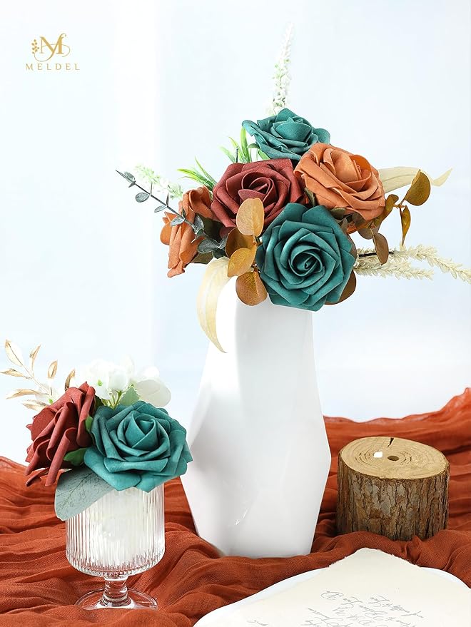 Meldel Artificial Flower 25pcs Real Touch Peacock Green Fake Foam Roses with Stems for DIY Wedding Bouquets Gifts Bridal Shower Faux Floral Centerpieces Arrangements Home Party Tables Decorations