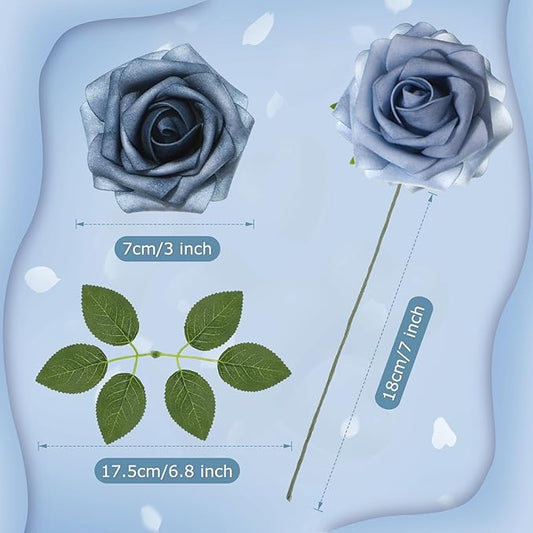 100 Pcs Artificial Foam Rose Faux Bouquet with Leaves and Stems for DIY Wedding Bouquets Centerpieces Bridal Shower Party Valentine Home Decorations (Blue and White Gradient)
