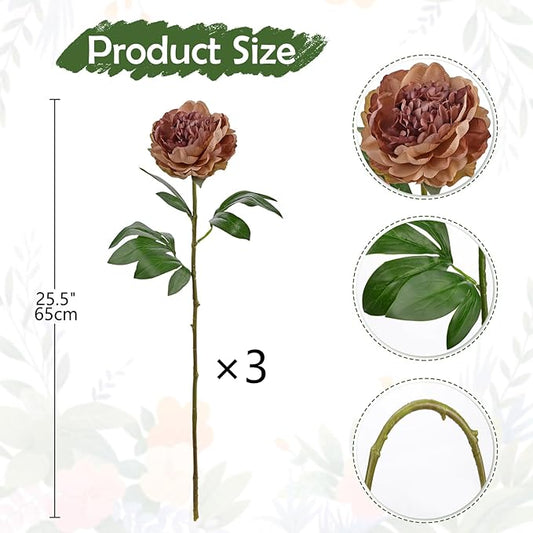 Briful 3PCS Faux Peony Flower Stems, 25.5" Artificial Peony Flowers Realistic Fake Flowers for Vase Arrangements Wedding Centerpieces Decoration(Brown)