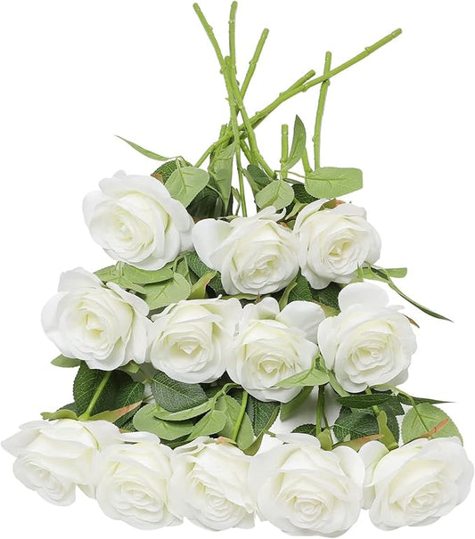 Artificial Rose Flower Artificial Flowers Flower with Long Stem Silk Roses Bouquet for Wedding Bridal Shower Party Home Decoration (White, 30 Pcs)