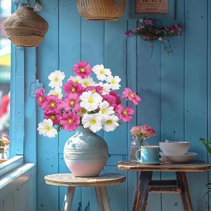 6 Pcs Artificial Flowers with Stems Faux Daisy Flowers Bouquet Rose Red Gardenia Silk Flowers for Home Decor Indoor Vase Outdoors Balcony Table Centerpiece Outside Floral Arrangements Wedding