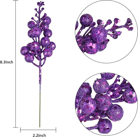 Lvydec 16pcs Christmas Glitter Berry Stems, 7.8" Artificial Christmas Picks for Christmas Tree Ornaments, DIY Xmas Wreath, Crafts, Holiday and Home Decor (Dark Purple)