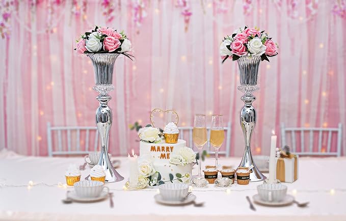 LANLONG Silver Metal Trumpet Vase, 22in Wedding Reception Centerpiece, 2Pcs Set, with Crystal Bead for Home Decor