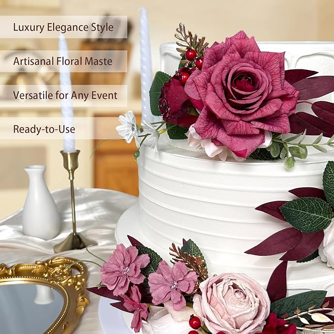 Pre-Made Burgundy Gold Silk Flowers for Cakes Decorations Dark Red Artificial Rose Peony Wedding Cake Toppers Decorating Fake Floral Anniversary Birthday Party Arrangements Table