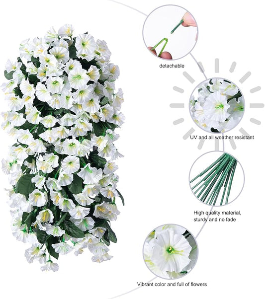 Artificial Faux Hanging Plants Flowers for Winter Christmas Outdoor Outside Decor, 2 PCS Fake Silk White Morning Glory Long Vines UV Resistant Look Real for Home Porch Patio Balcony Planter Decoration