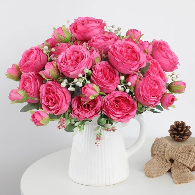 ASTRYAS Artificial Flowers, 3Pcs Silk Fake Peonies Faux Hot Pink Artificial Flowers Peonies Bouquet Arrangements Table Centerpieces for Wedding Office Home Decor Cake