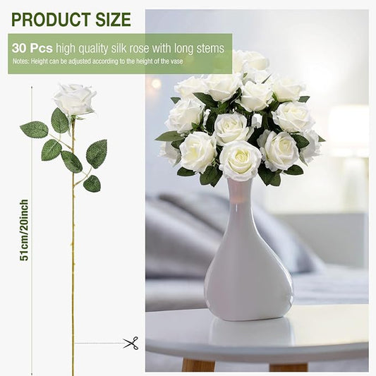 30 Pcs Rose Artificial Flowers in Bulk Real Touch Long Stem Silk Roses Bouquets Realistic Faux Flowers for Wedding Bridal Shower Home Decor Floral Arrangements Table Centerpiece(White)