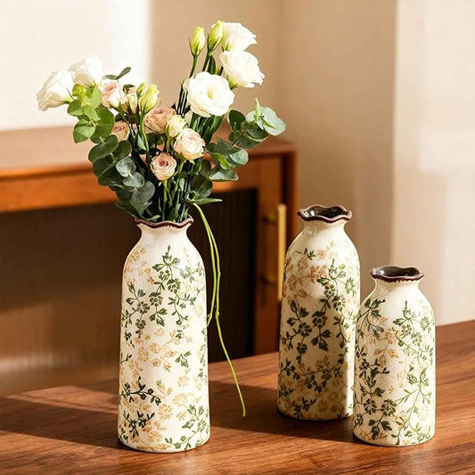 Ceramic Vase Set of 3, Vintage Green and Beige Vases Set for Home Decor, Chinoiserie Floral Decorative Vase for Living Room, Bookshelf, Office (5.9"+7.9"+9.8")