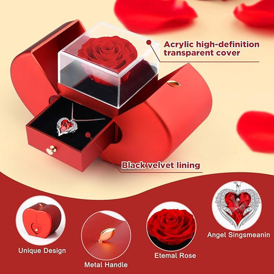 Suturun Preserved Real Rose,Eternal Flower Rose with Heart Necklace,Preserved Flowers Rose Gifts for Women,Girlfriend,Mom,Wife,Gifts Idea on Christmas,Valentine's Day,Mother's Day,Birthday,Anniversary