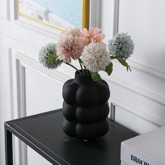 Black Ceramic Vase - Small Spherical Flower Vase for Centerpiece, Three Floors Design for Modern Home Decor, Boho Decorative Vase - 6.7" Tall