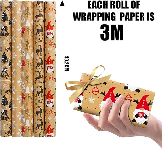 KIMOBER 5 Rolls Christmas Wrapping Paper,Brown Kraft Paper with Xmas Elements and Cut Lines on Reverse(17in × 118in Per Roll)