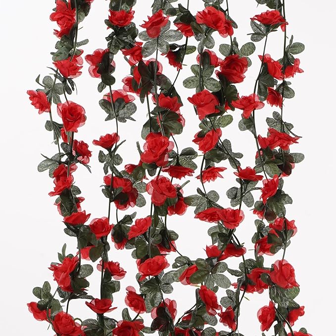 5 Pcs 41FT Flower Garland, Artificial Rose Garland Flowers Plants Fake Flower Hanging Rose Ivy, Birthday Party Valentine's Day Wedding Wall Arch Decor(Red)