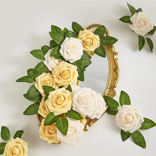 Artificial Flowers, 25pcs Creamy Yellow and Ivory Artificial Rose for DIY Wedding Bouquets Centerpieces Arrangements, Fake Flower with Stems for Party Home Decorations